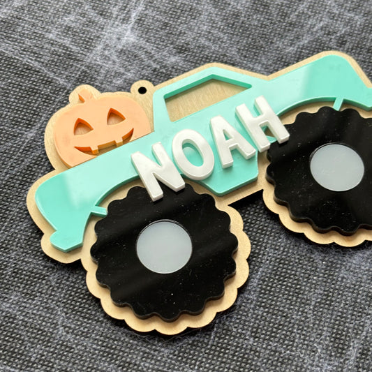 Personalised Monster Truck Halloween Basket Name Tag