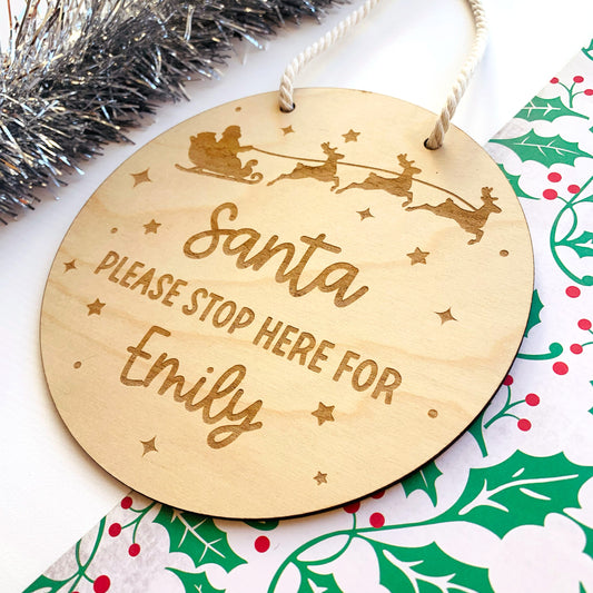 Personalised Engraved Plywood Santa Stop Here Hanging Sign