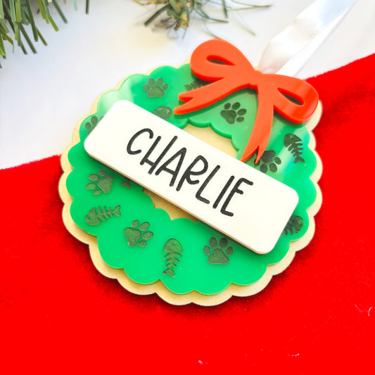Personalised Cat Wreath Christmas Ornament