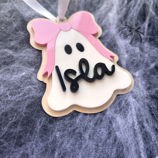 Personalised Bow Ghost Halloween Basket Tag