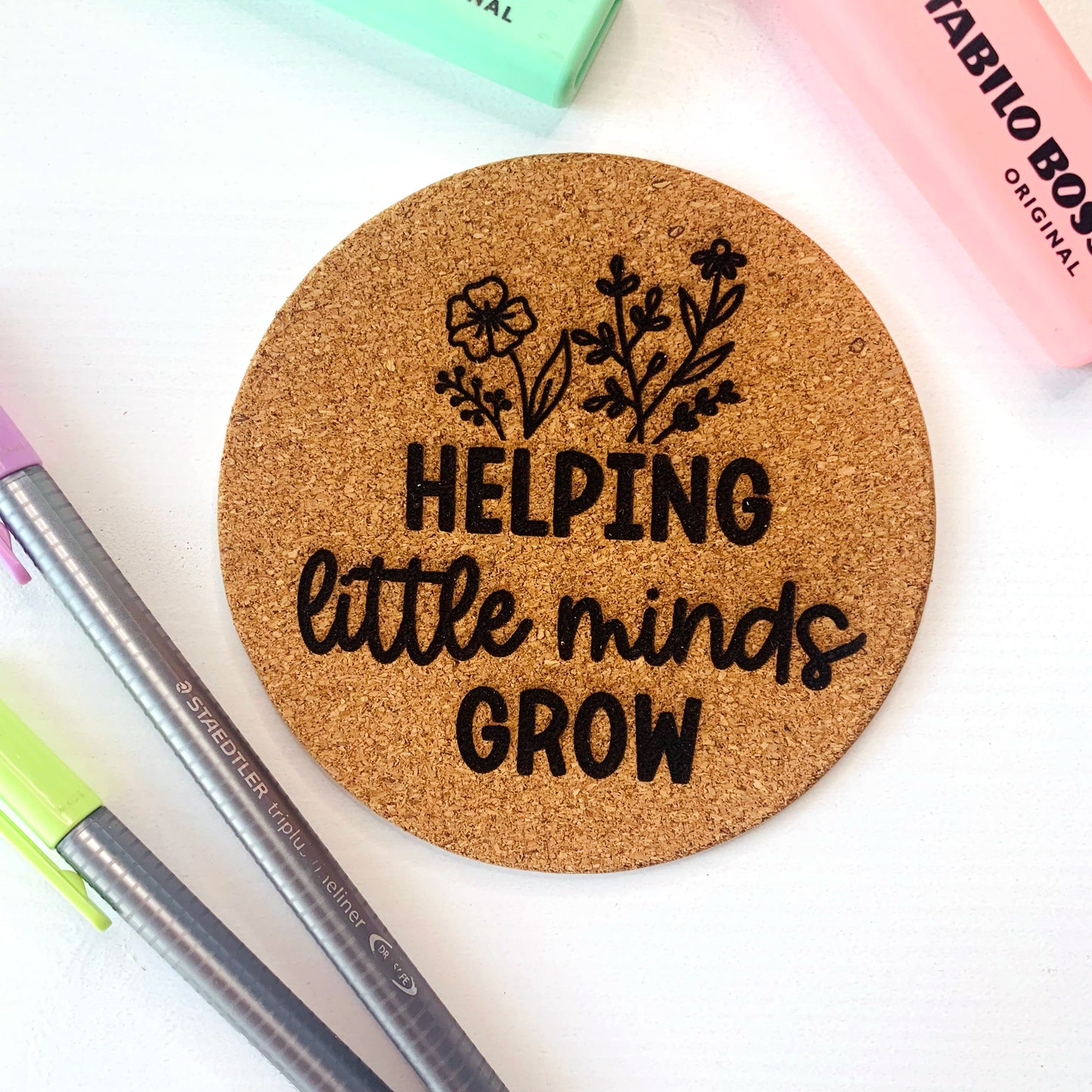 Helping Little Minds Grow Engraved Cork Coaster