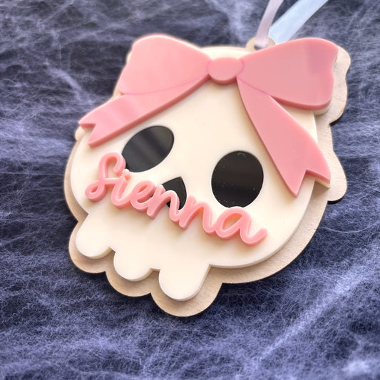 Personalised Bow Skull Halloween Basket Tag