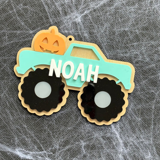 Personalised Monster Truck Halloween Basket Name Tag