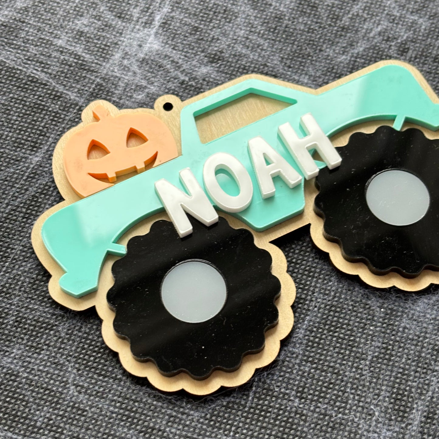 Personalised Monster Truck Halloween Basket Name Tag