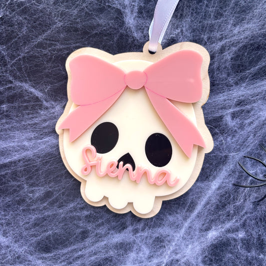 Personalised Bow Skull Halloween Basket Tag