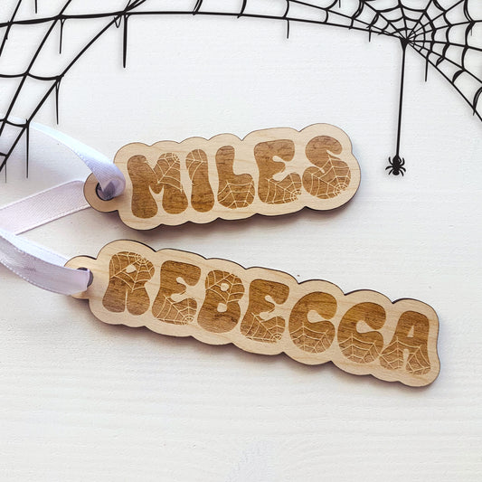 Personalised Cobweb Halloween Basket Name Tag