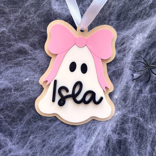 Personalised Bow Ghost Halloween Basket Tag