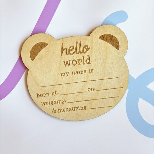 Teddy Bear 'Hello World' Birth Announcement Engraved Plaque